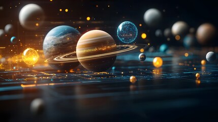 Poster - Futuristic digital visualization of a quantum computing simulation showcasing planetary motion governed by Newton s laws