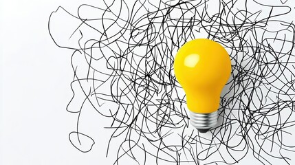 Poster - a vibrant yellow light bulb on a chaotic black wire background, symbolizing creativity and innovativ