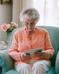 Poster - Elderly woman enjoys a quiet moment with a tablet while sitting in a cozy armchair