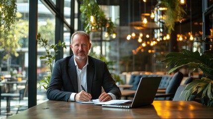 Aufkleber - Professional man engaged in work at a modern office space with lush greenery and unique lighting during daytime
