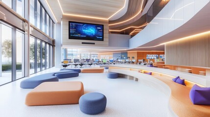 Poster - Innovative classroom design showcasing interactive whiteboards and virtual reality stations in a futuristic school's collaborative learning environment