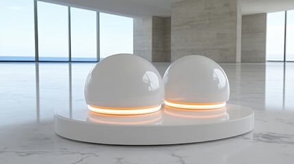 Poster - Minimalist White Spheres with Inner Glow on Marble Platform