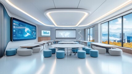 Poster - Innovative classroom design for futuristic learning environments featuring interactive whiteboards virtual reality stations and collaborative workspaces