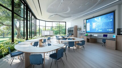 Poster - Innovative classroom design in a futuristic school featuring interactive whiteboards and virtual reality stations for a dynamic learning environment