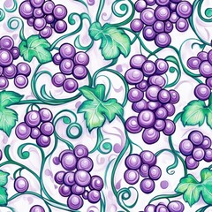 Poster - Vibrant watercolor doodle of grapes intertwined with lush green leaves in a playful design