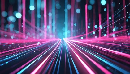 Poster - Stunning Abstract Background Featuring Pink and Blue Glowing Neon Lines with Bokeh Lights, Perfect for Data Transfer Concepts and Digital Designs