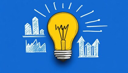 Poster - Bright light bulb with graphs on blue backdrop, symbolizing creativity and innovation in business.