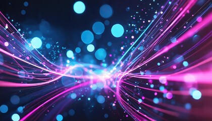 Poster - Vibrant Abstract Background Featuring Pink and Blue Glowing Neon Lines with Bokeh Lights A Futuristic Data Transfer Concept for Digital Art and Technology Themes