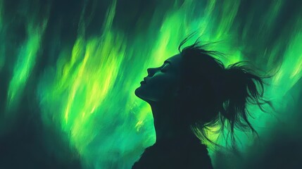 Poster - Mystical woman glowing in vibrant green light against ethereal backdrop at night