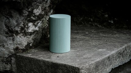 Poster - Teal Fluted Cylinder on Weathered Stone Minimalist Still Life