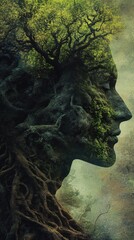 Poster - Mystical profile of a man intertwined with nature showcasing elements of trees and roots