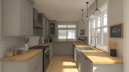 Poster - Modern kitchen design featuring light gray cabinetry and natural wood countertops in a bright and airy space