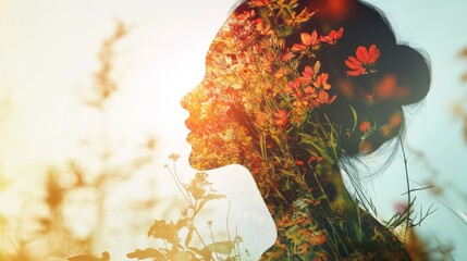 Poster - Glowing woman surrounded by flowers during golden hour in a serene natural setting