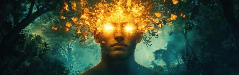 Poster - Concept of a glowing man surrounded by nature with luminous features during a mystical moment at dusk