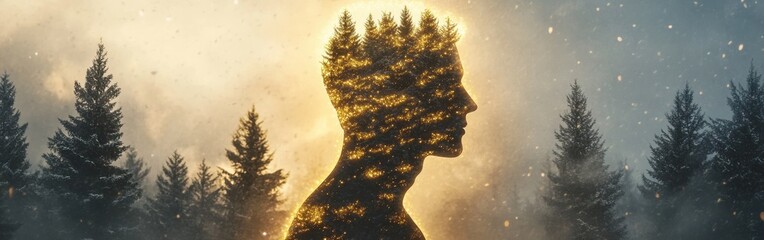 Aufkleber - Conceptual silhouette of a man surrounded by trees and lights in a forest setting at dusk