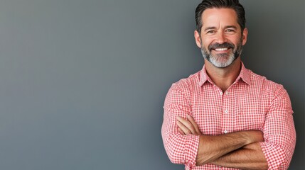 Poster - Professional portrait of a smiling middle-aged man posing confidently against a neutral background in a modern office setting