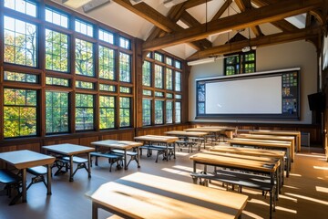Poster - Innovative classroom design in restored historical building flexible seating modern amenities blending old and new educational environments