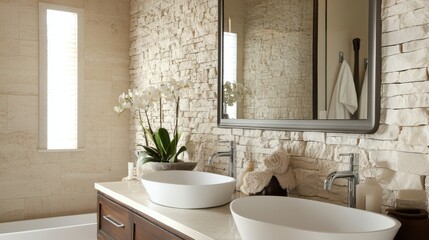 Poster - Elegant bathroom with stone-inspired textured walls and modern fixtures showcasing simplicity and tranquility