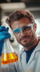 Poster - Portrait of a scientist engaged in chemistry experiment with colored solution in laboratory setting