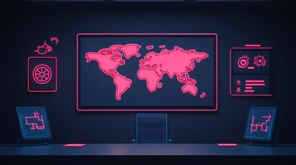 Poster - Global Surveillance Command Center Neon World Map High Tech Security Monitoring Room