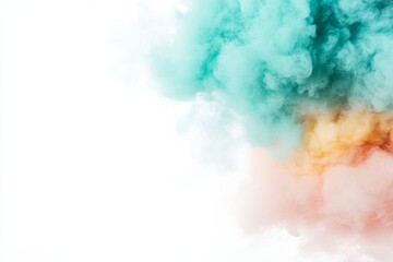 Poster - Swirling turquoise smoke is suspended mid-air against a stark white background, crafting an ethereal look with dynamic colors offering ample space for text or graphics