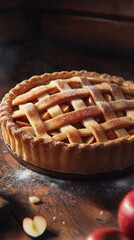 Aufkleber - Close-up of a freshly baked apple pie with a golden crust and sweet aroma in a rustic kitchen setting