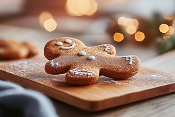 Poster - Close-up view of a gingerbread man cookie decorated with icing on a rustic wooden surface, lightly dusted with powdered sugar and warm ambient light