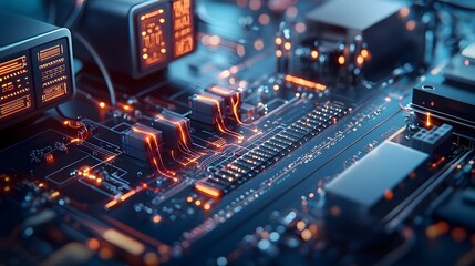 Poster - A futuristic setup where quantum algorithms analyze electrical resistance and conductance in complex circuits with glowing data panels and pulsing energy lines