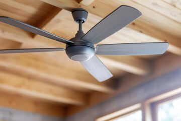 Poster - Close-up view of a modern metal ceiling fan slowly rotating beneath a wooden ceiling, illuminated by soft diffused light entering through large windows