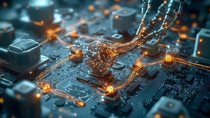 Poster - Quantum computing systems modeling the seamless of prosthetic limbs with the nervous system surrounded by glowing neural pathways and intricate control algorithms