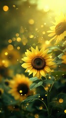 Aufkleber - Sunflowers blooming in radiant yellow and emerald green during golden hour light