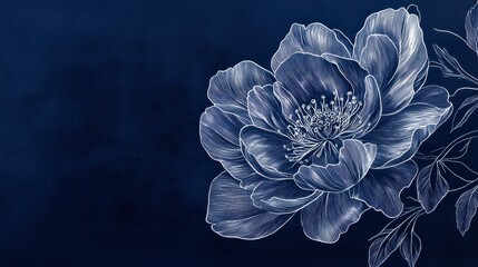 Poster - Elegant silver flower outlines on deep blue background create a stunning visual impact for modern decor