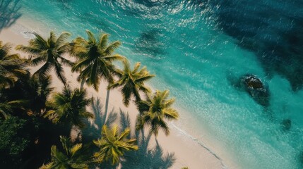 Poster - Tropical island view with turquoise waters and palm trees in a serene coastal setting during a sunny day