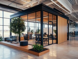 Poster - Innovative classroom design for cross-functional teams in a modern office focused on collaborative problem-solving and interdisciplinary projects