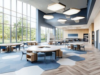 Poster - Innovative classroom design showcasing collaborative learning spaces for interdisciplinary projects in modern educational environments