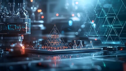 Poster - Virtual laboratory leveraging quantum algorithms to efficiently solve intricate trigonometric equations surrounded by a dynamic display of animated holographic triangles and angular measurements