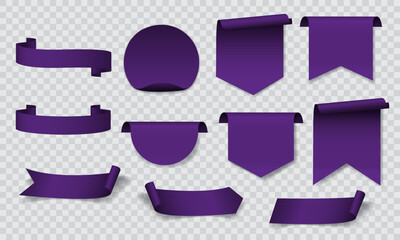 purple banner sticker label blank set collection on grey checkered background vector