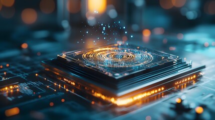 Poster - Glowing Quantum Interface Showcasing Trigonometric Functions on Unit Circles with Ample Copy Space  Digitally Abstract 3D Visualization of Mathematical Concepts