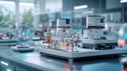 Poster - Futuristic high tech laboratory showcasing advanced quantum computing technology visualizing angular velocity through intricate trigonometric curves and holographic spinning objects