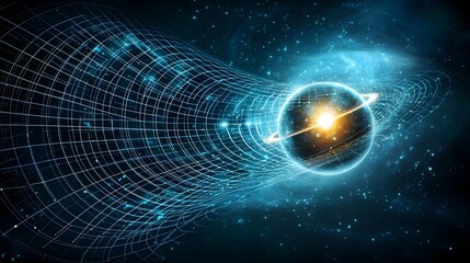 Poster - quantum computer showcasing the warping of spacetime by gravity with animated grids bending and dist