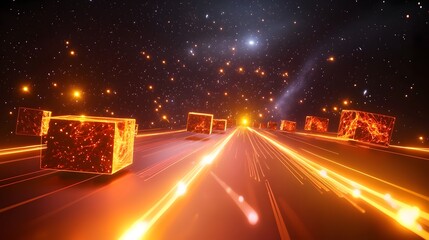 Poster - Futuristic visualization of quantum computing simulating the interaction of light beams in gravitational glowing 3D models of light paths bending around stars leaving copy space at the bottom right