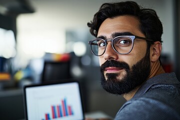 Poster - Businessman with glasses analyzes vibrant marketing graphs on a laptop screen in a contemporary office environment, surrounded by blurred supplies