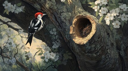 Aufkleber - Woodpecker vigorously hammers into tree trunk while surrounded by blooming flowers in a serene forest setting