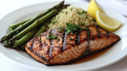 Poster - Grilled salmon fillet with asparagus and quinoa served on a white plate