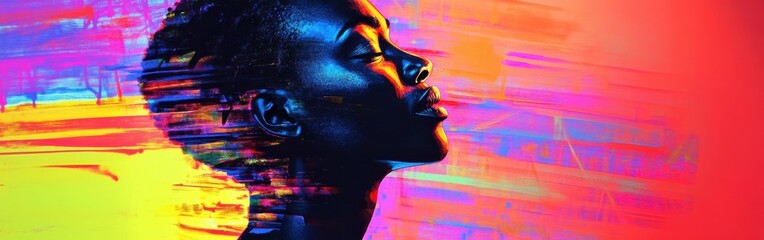 Poster - Vibrant portrait showcasing a man radiating energy against an abstract colorful backdrop