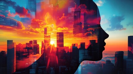 Aufkleber - Silhouette of a person against a vibrant sunset behind a city skyline with colorful clouds