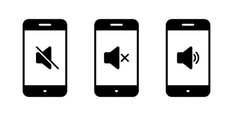 Aufkleber - No sound speaker on phone screen icon set. Mute volume and audio on cellphone display sign symbol