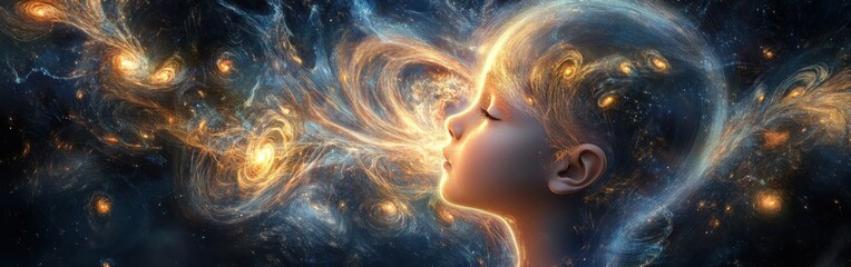 Poster - Surreal visualization of a child's face with cosmic swirls and starlit patterns expressing wonder and imagination