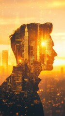 Fototapete - Surreal portrait of a glowing man reflecting the city skyline at sunset