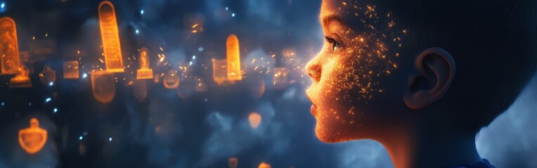 Leinwandbilder - Child's serene profile with glowing details and luminous background capturing a moment of wonder and imagination